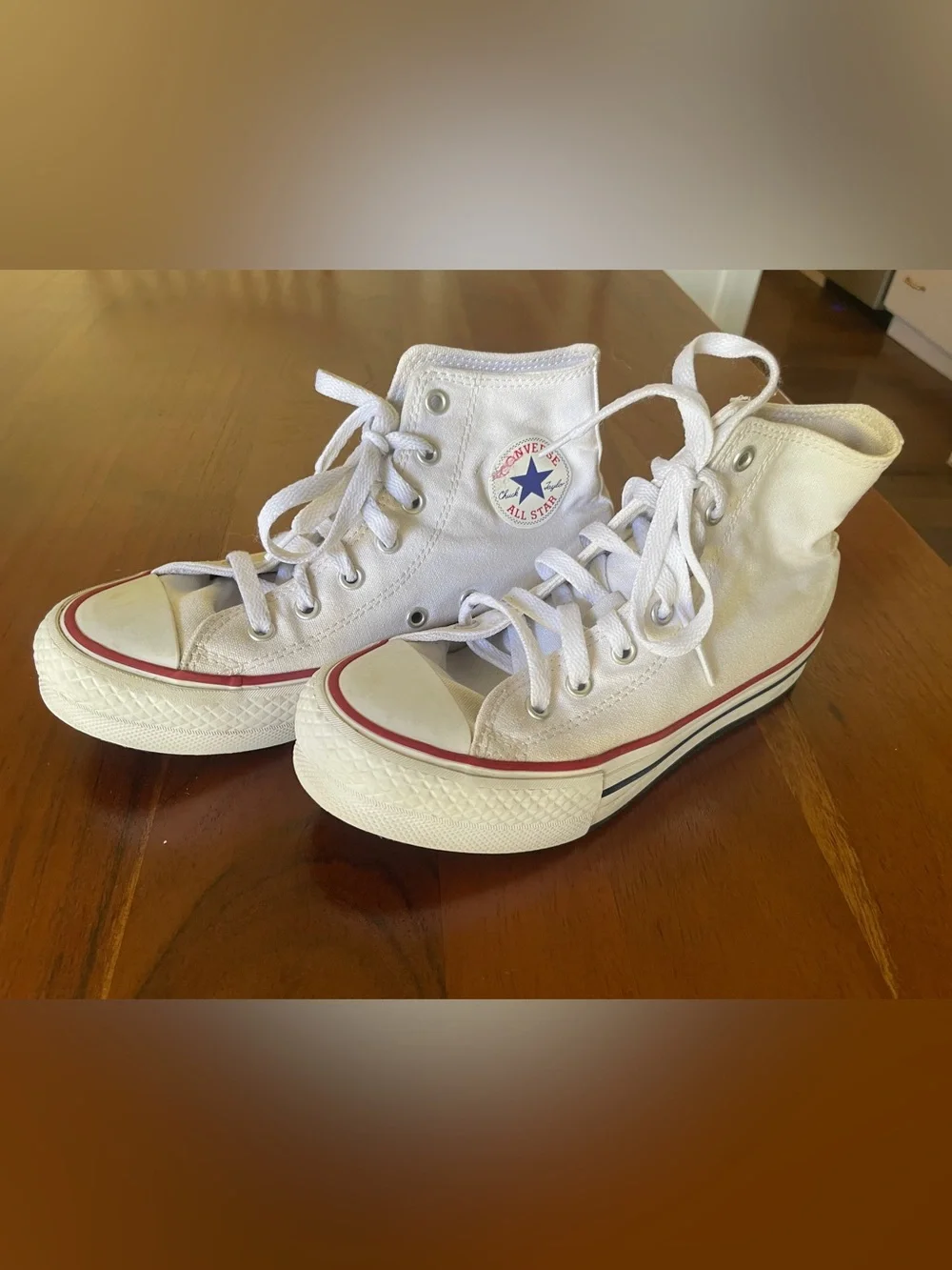 Converse White High Top Kids Sneakers with Red & Blue Trim
